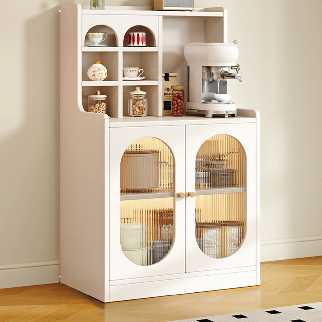 Oak Wood Open Storage Kitchen Sideboard with Cubbies Image - 6 | homeyfad