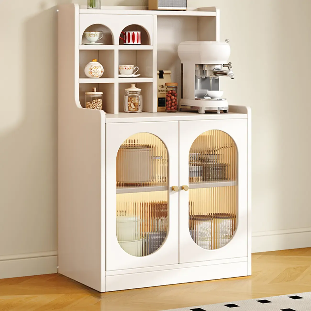 Oak Wood Open Storage Kitchen Sideboard with Cubbies Image - 6