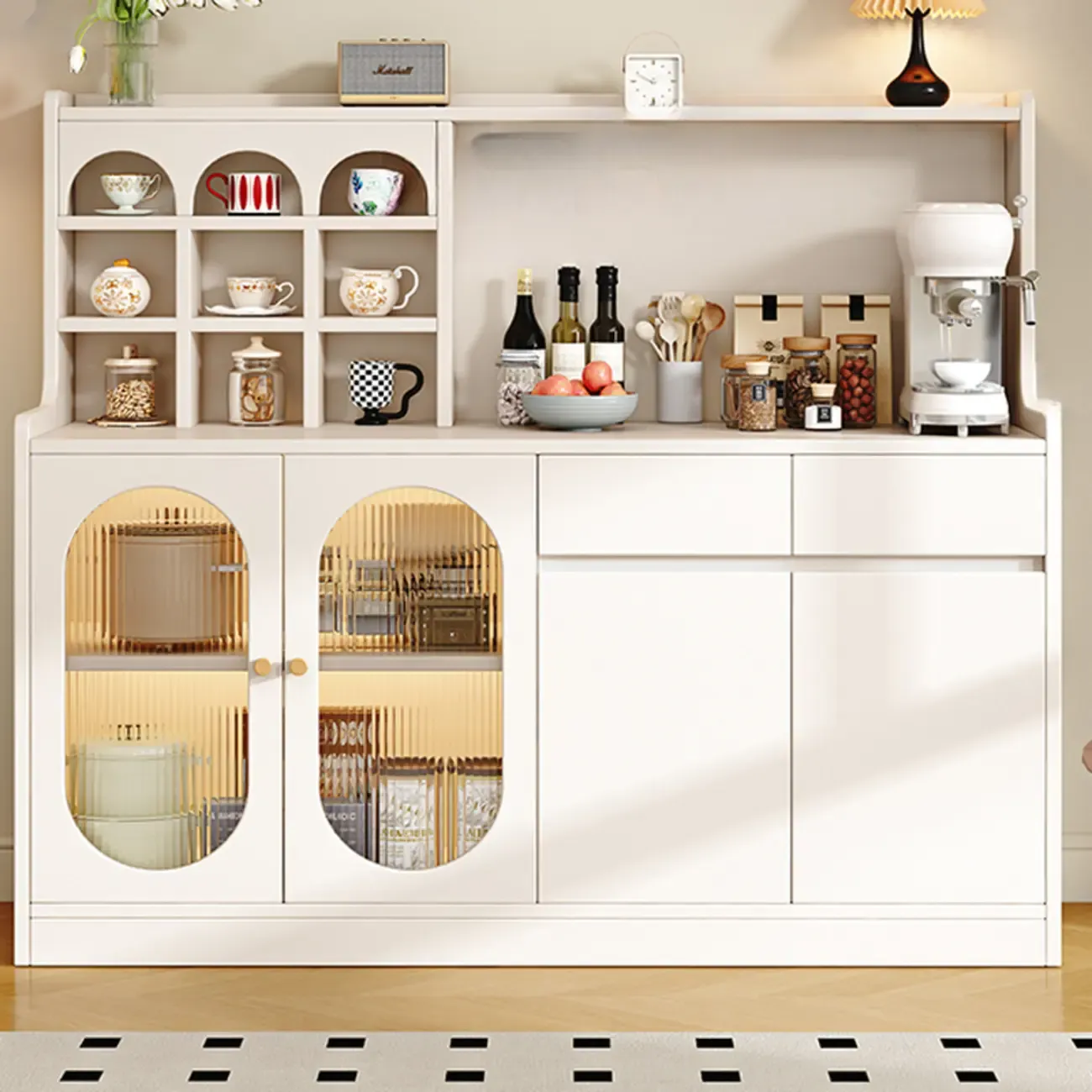 Oak Wood Open Storage Kitchen Sideboard with Cubbies Image - 2