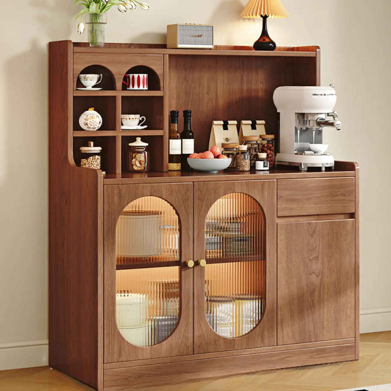 Oak Wood Open Storage Kitchen Sideboard with Cubbies Image - 4 | homeyfad