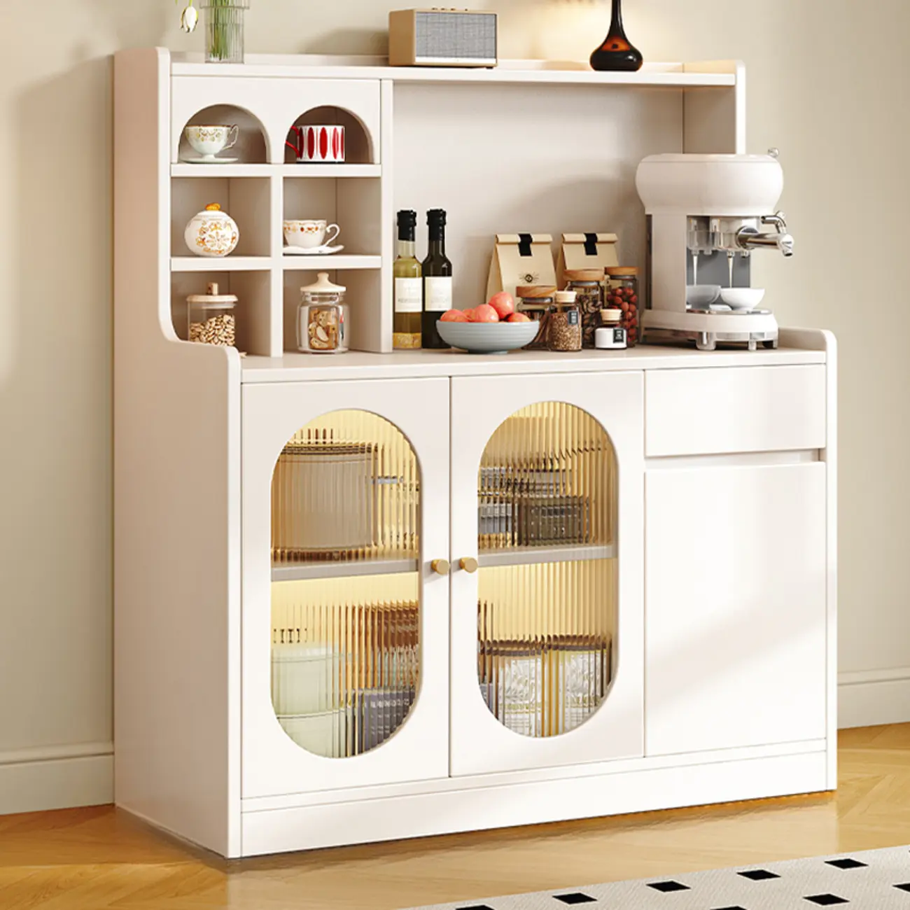 Oak Wood Open Storage Kitchen Sideboard with Cubbies Image - 8 | homeyfad