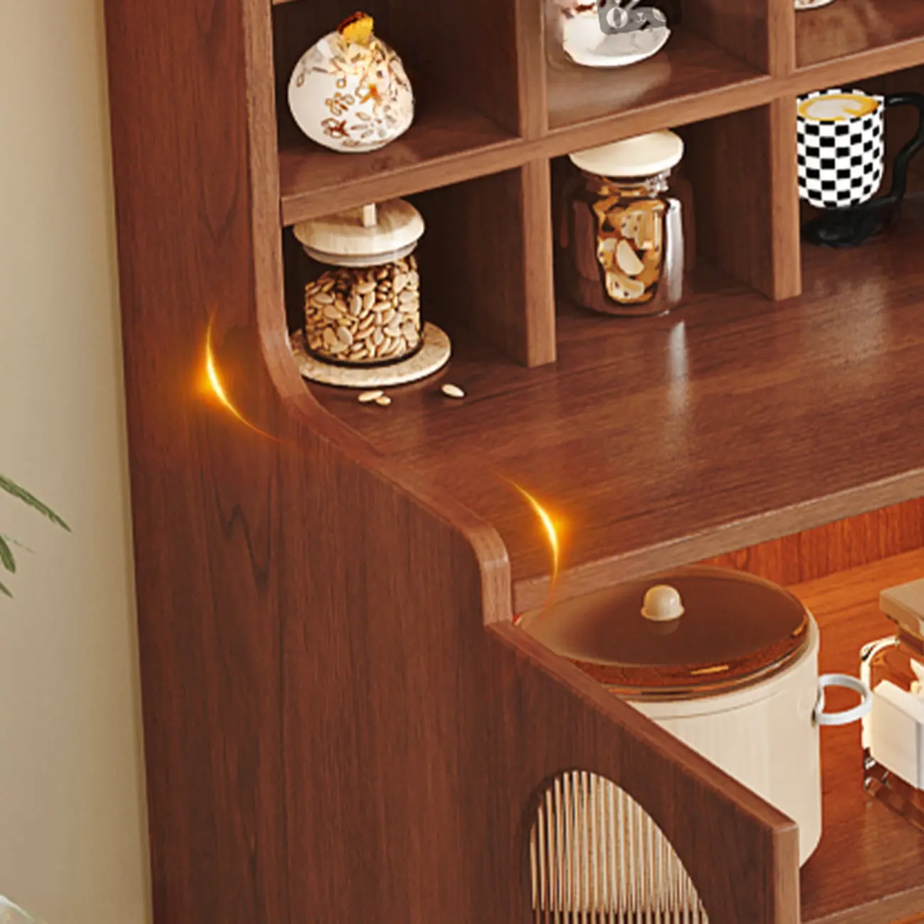 Oak Wood Open Storage Kitchen Sideboard with Cubbies Image - 11 | homeyfad