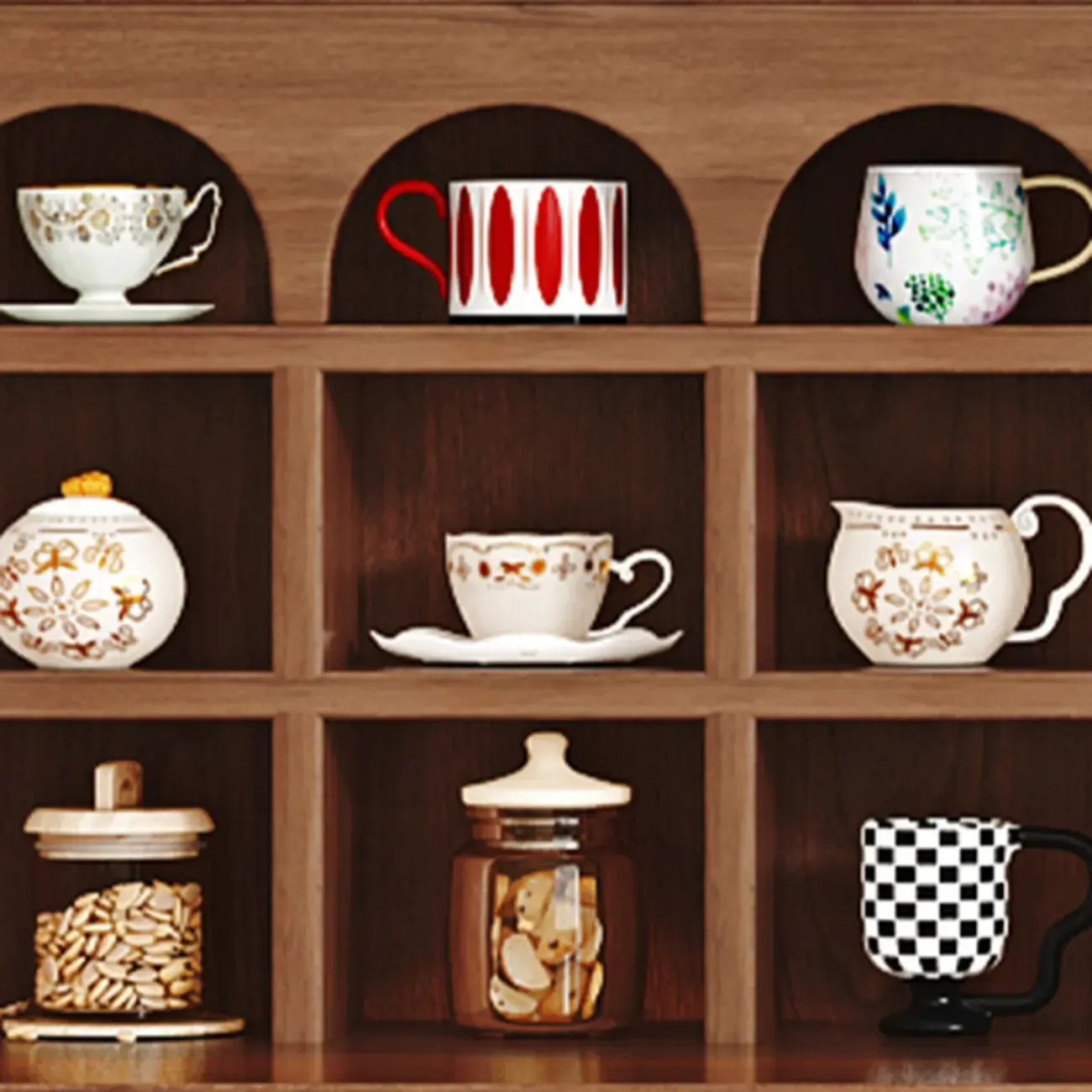 Oak Wood Open Storage Kitchen Sideboard with Cubbies Image - 13