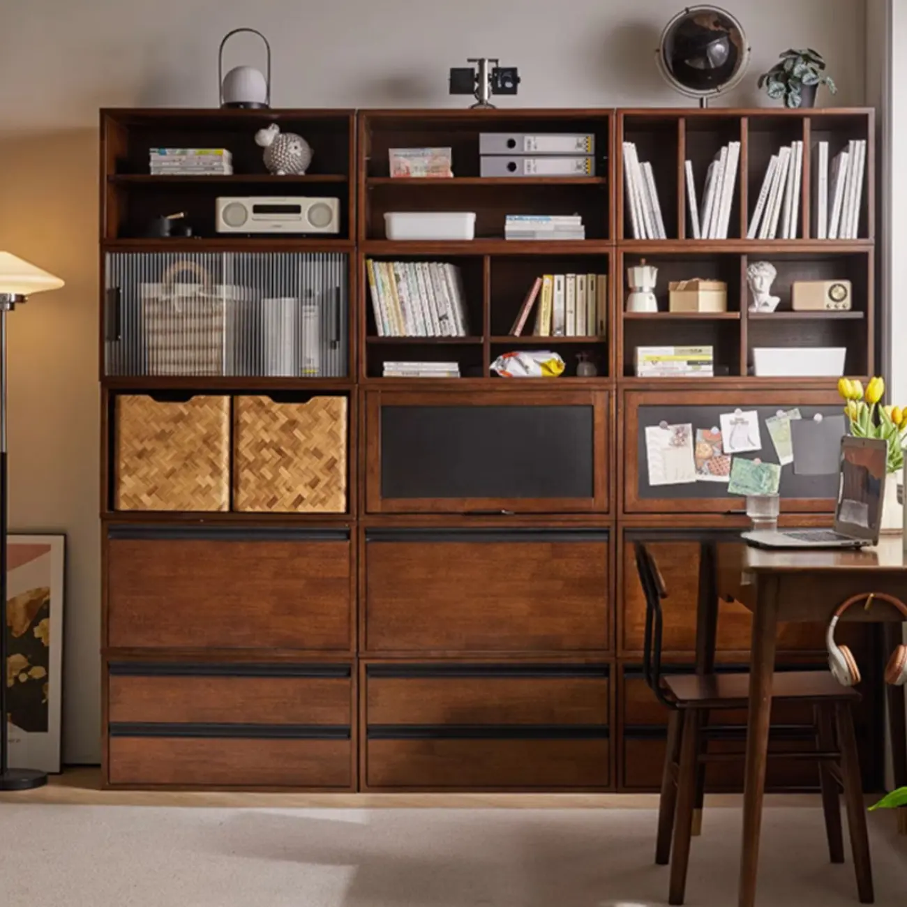 Contemporary Walnut Wood Cube Storage Bookcase Image - 3 | homeyfad