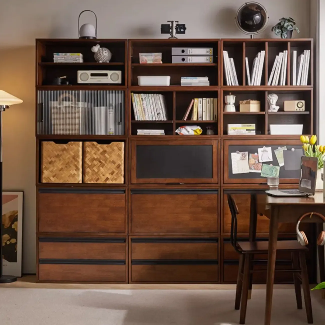 Contemporary Walnut Wood Cube Storage Bookcase Image - 3