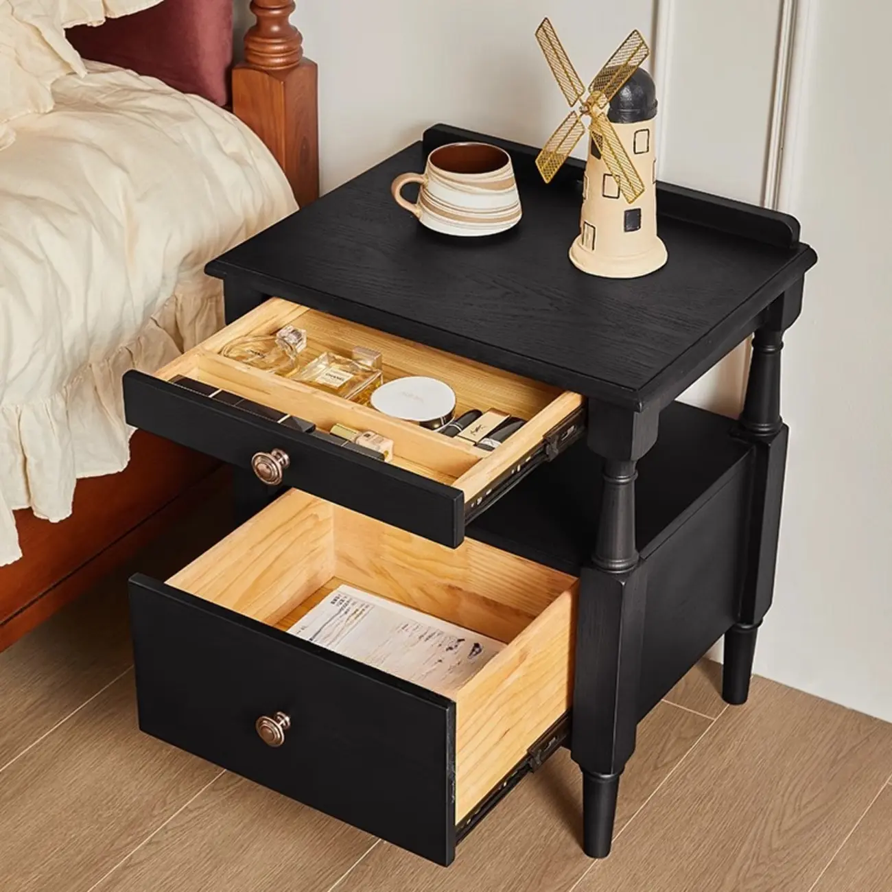 French Country Black 2 Drawers Wooden Nightstand Image - 1 | homeyfad