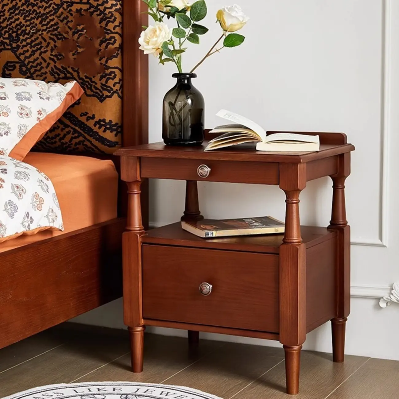 French Country Black 2 Drawers Wooden Nightstand Image - 2 | homeyfad