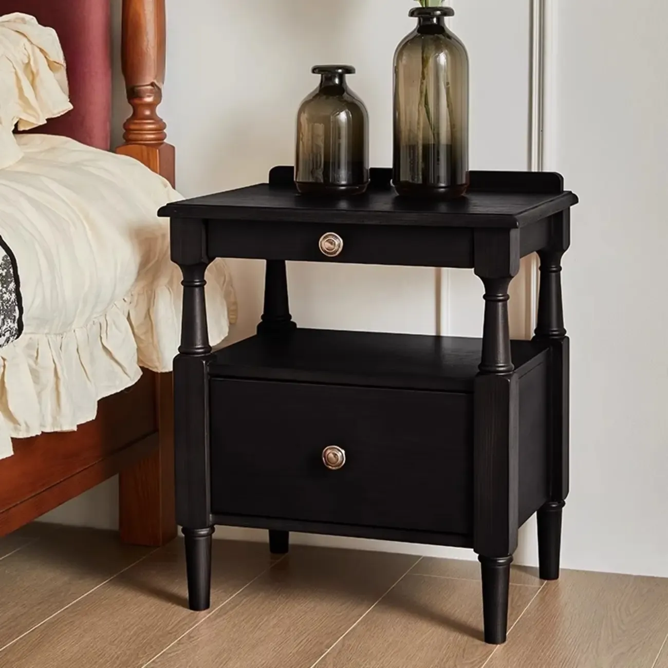 French Country Black 2 Drawers Wooden Nightstand Image - 3