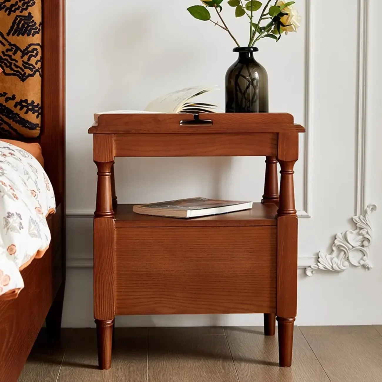 French Country Black 2 Drawers Wooden Nightstand Image - 4