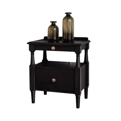 French Country Black 2 Drawers Wooden Nightstand Image - 7