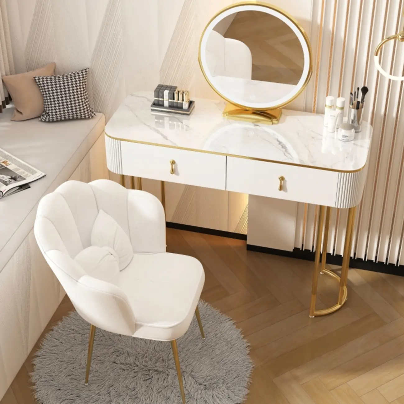 Elegant White Wood Marble Top Makeup Vanity with Mirror Image - 1 | homeyfad