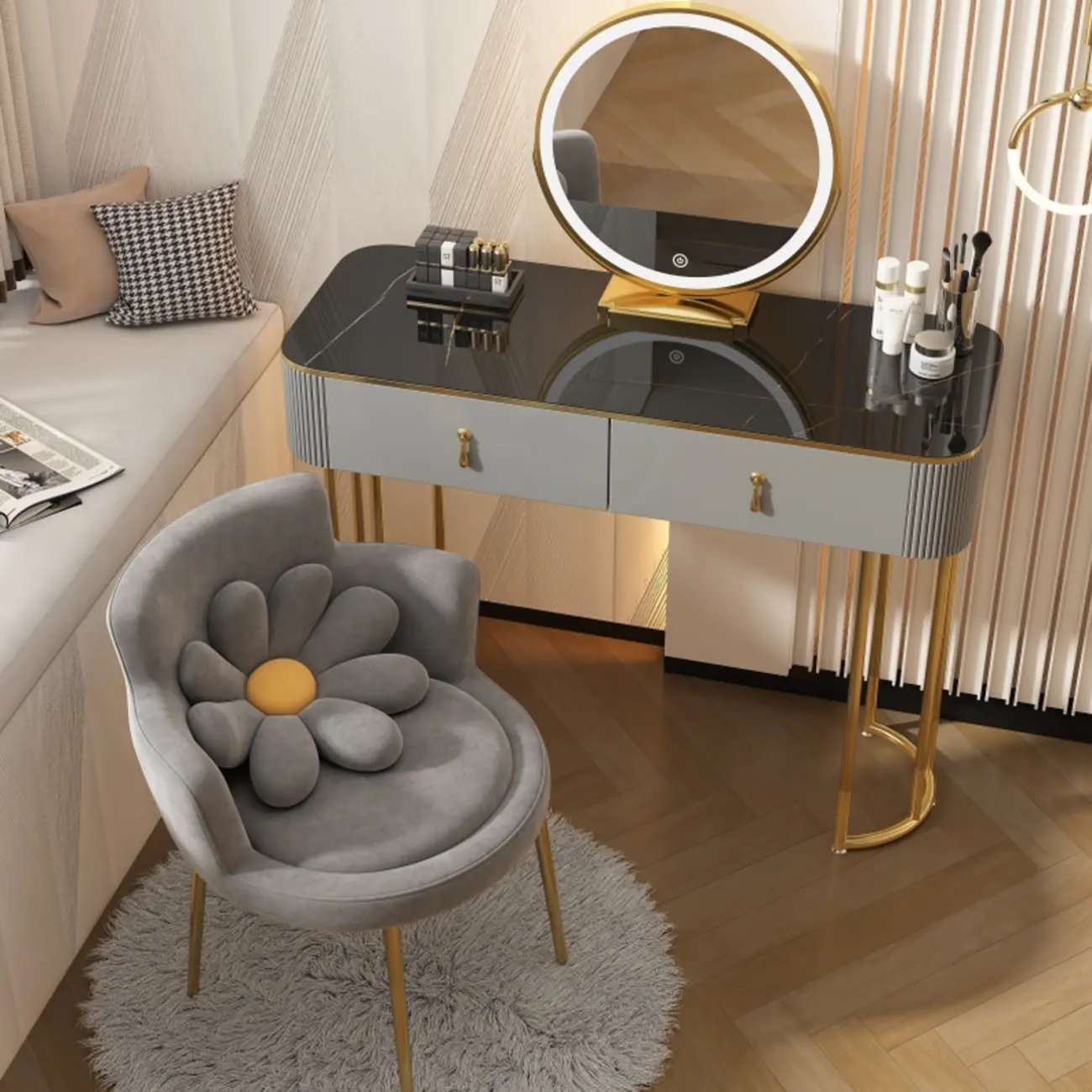 Elegant White Wood Marble Top Makeup Vanity with Mirror Image - 2 | homeyfad