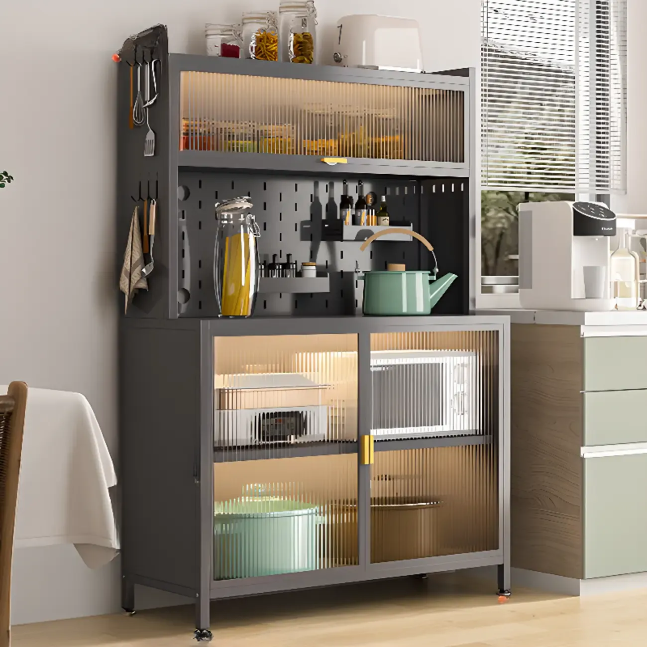 Modern Steel Multi-Shelf Sideboard with Pegboard Back Image - 7