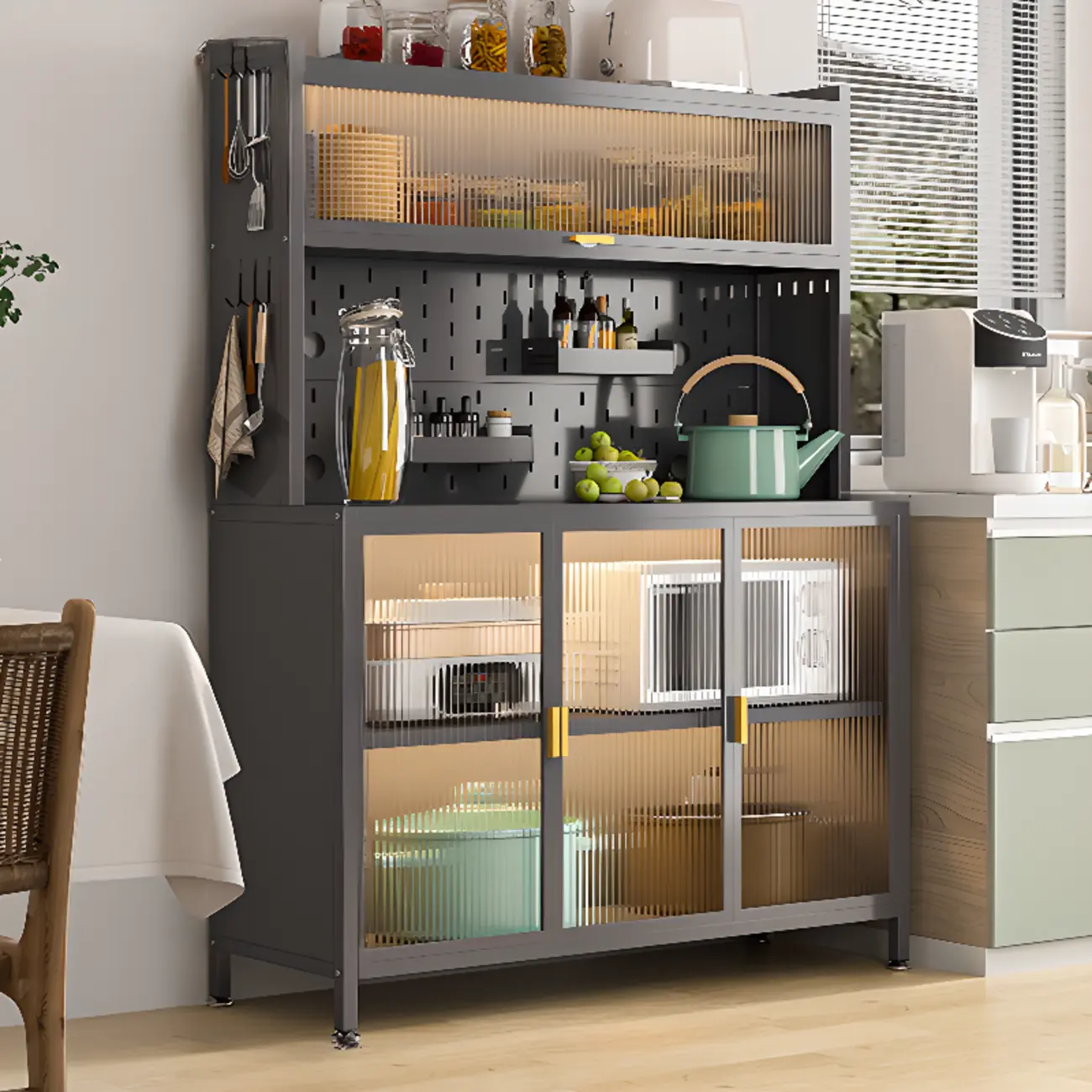 Modern Steel Multi-Shelf Sideboard with Pegboard Back Image - 8 | homeyfad