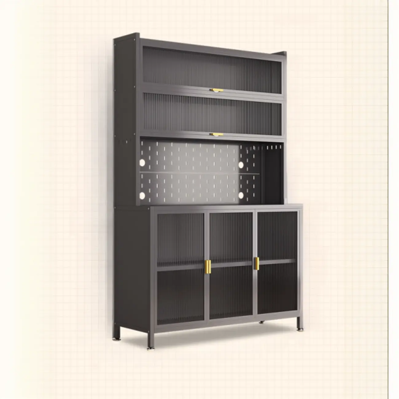 Modern Steel Multi-Shelf Sideboard with Pegboard Back Image - 17 | homeyfad