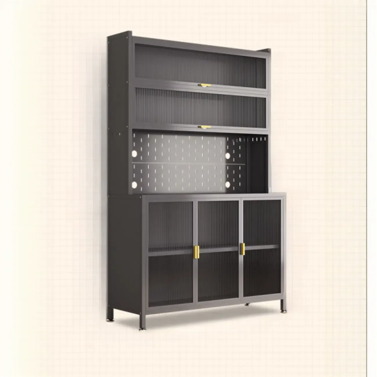Modern Steel Multi-Shelf Sideboard with Pegboard Back Image - 17