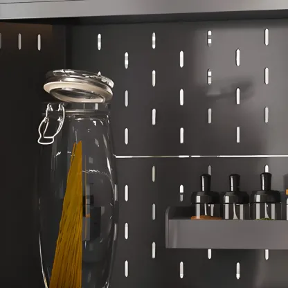 Modern Steel Multi-Shelf Sideboard with Pegboard Back Image - 10