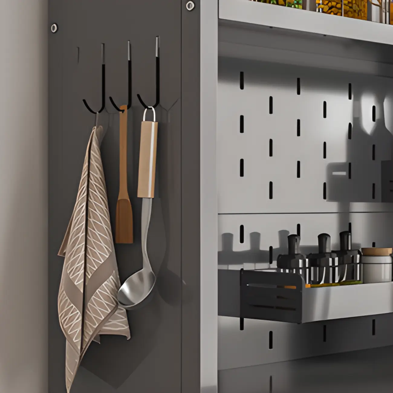 Modern Steel Multi-Shelf Sideboard with Pegboard Back Image - 14 | homeyfad