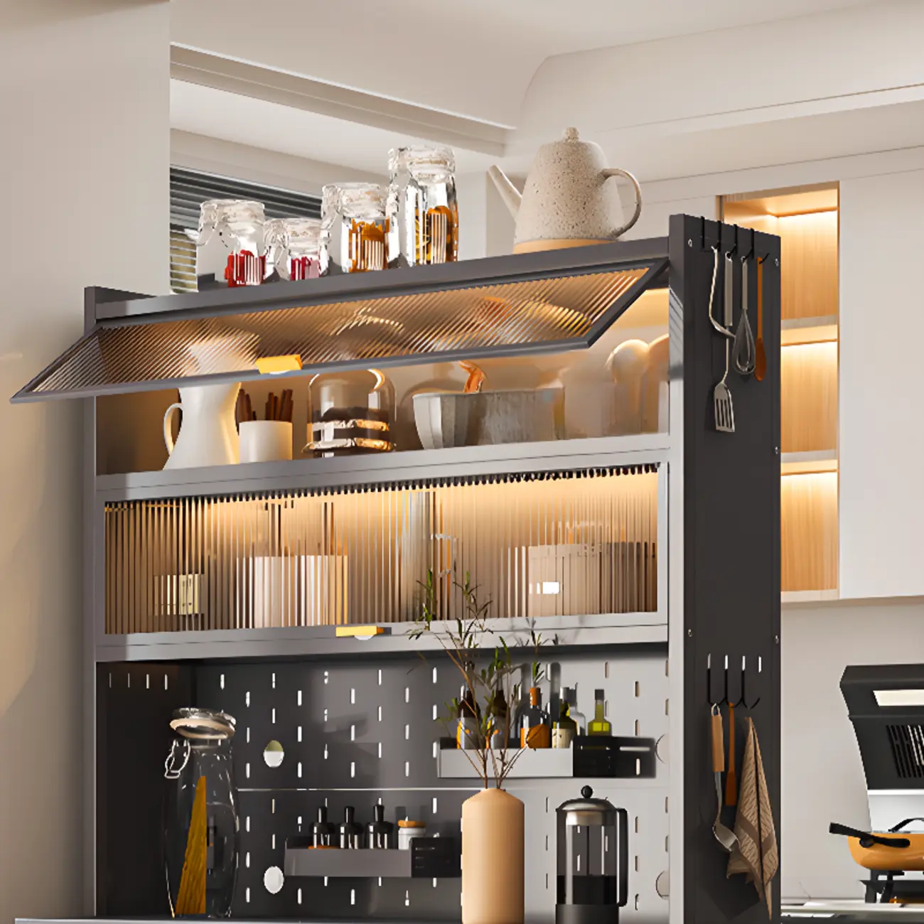 Modern Steel Multi-Shelf Sideboard with Pegboard Back Image - 11 | homeyfad