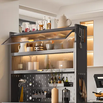 Modern Steel Multi-Shelf Sideboard with Pegboard Back Image - 11