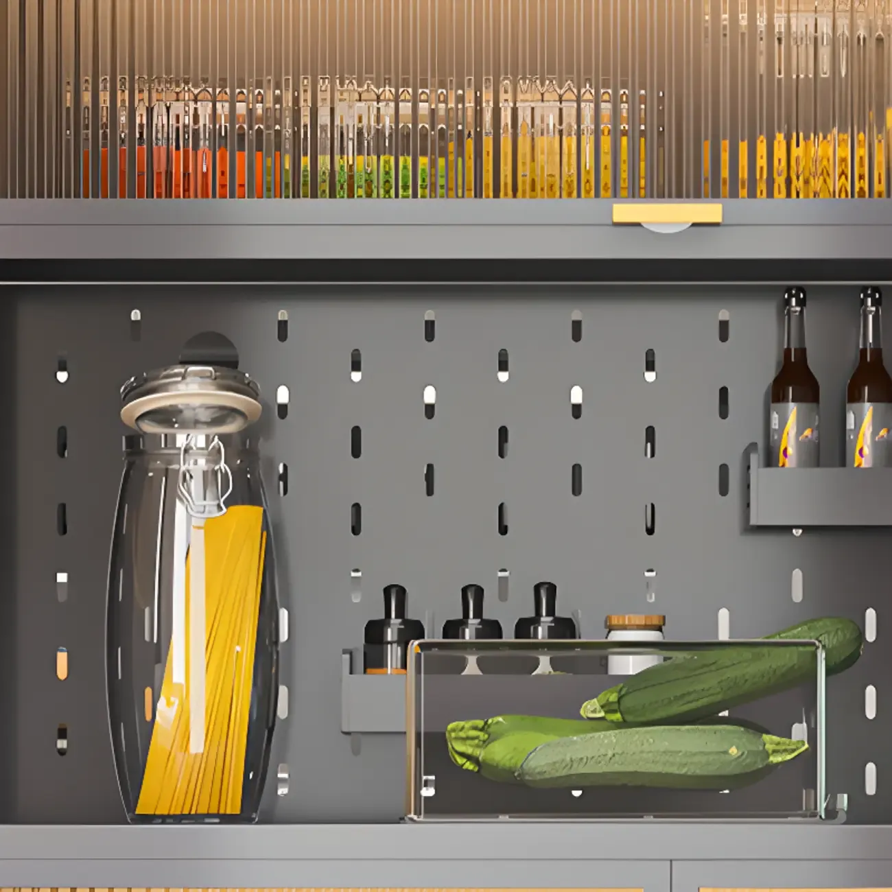 Modern Steel Multi-Shelf Sideboard with Pegboard Back Image - 12