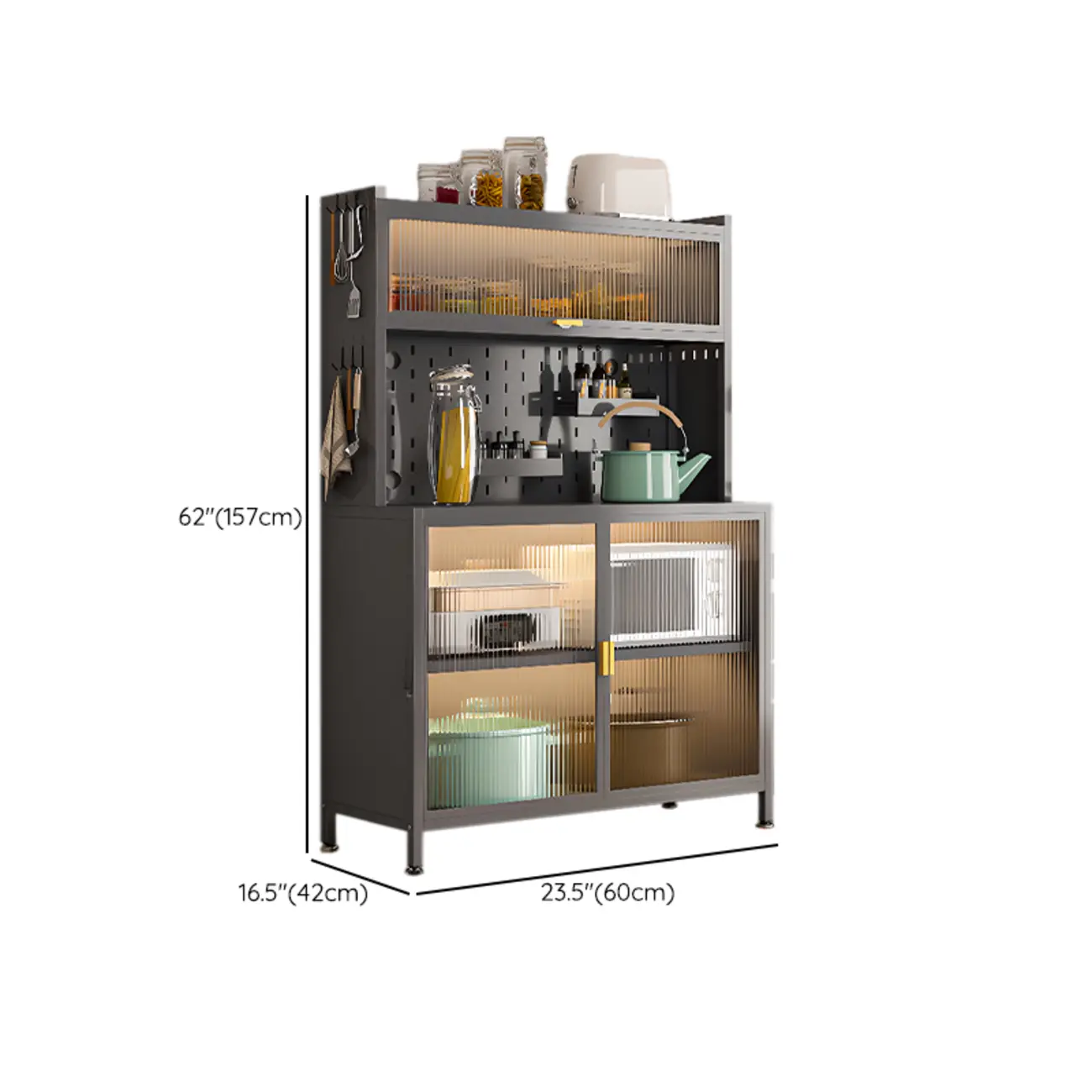 Modern Steel Multi-Shelf Sideboard with Pegboard Back #size