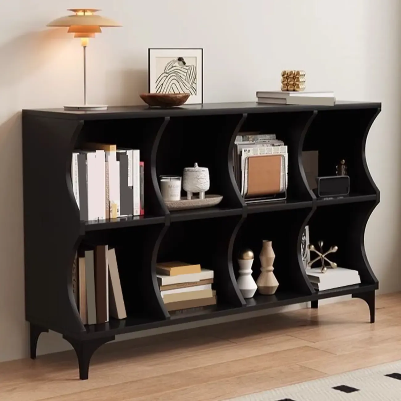 Modern Black Wooden 2-Tier Modular Cube Bookcase