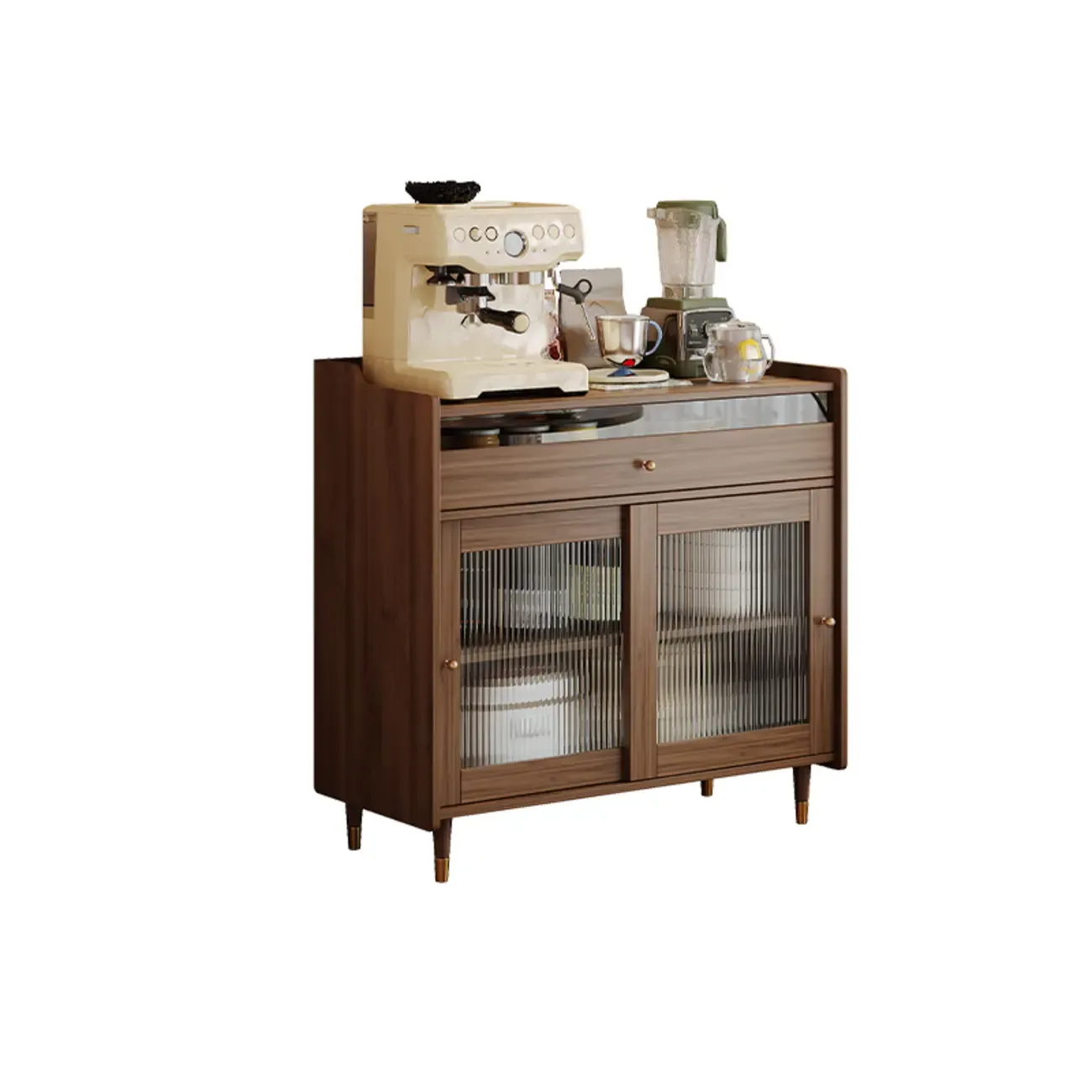 Modish Brown Wood Narrow Sideboard with Glass Doors Image - 5