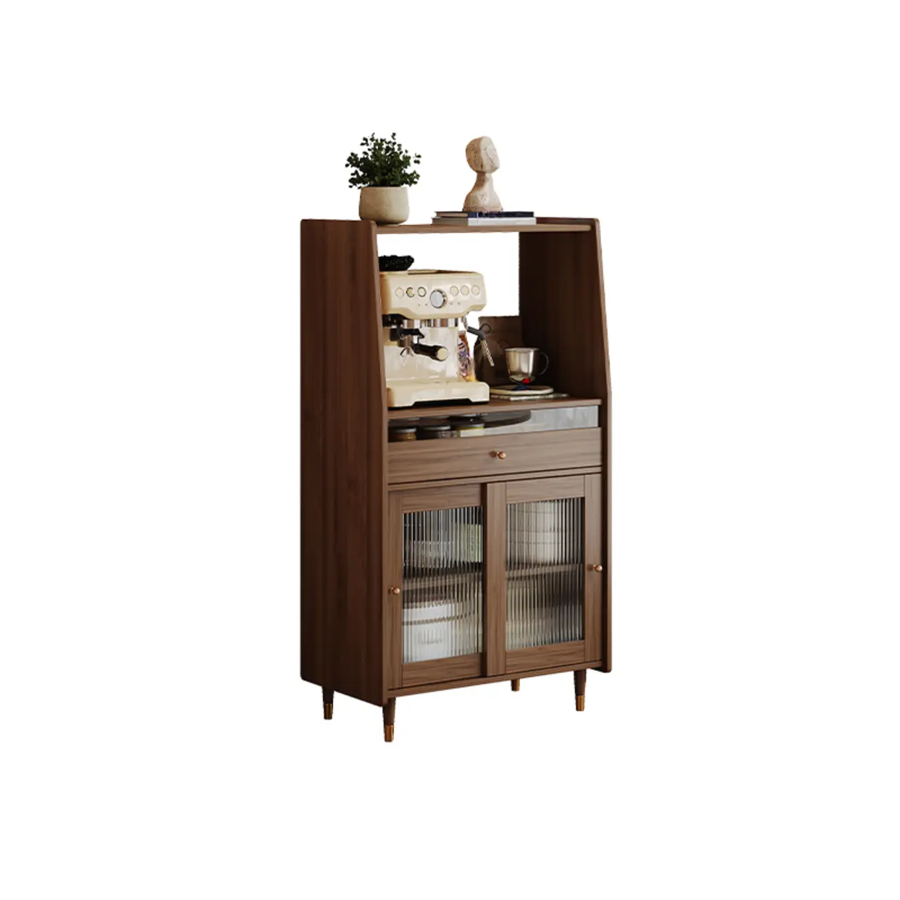 Modish Brown Wood Narrow Sideboard with Glass Doors Image - 7 | homeyfad