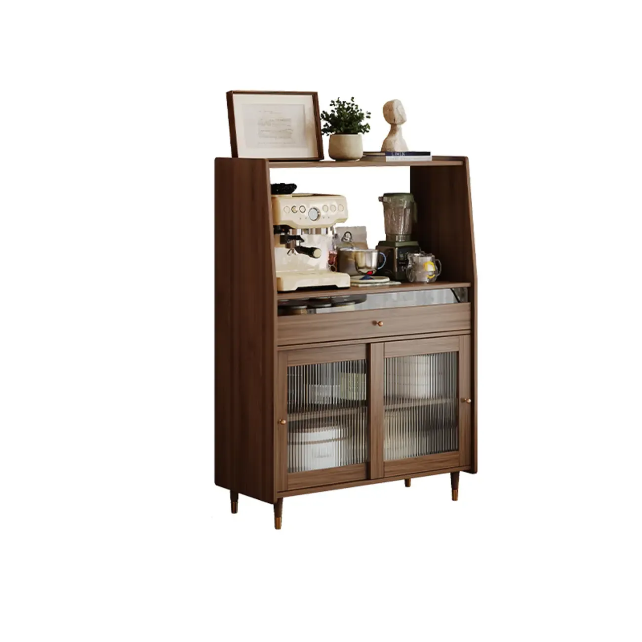 Modish Brown Wood Narrow Sideboard with Glass Doors Image - 8