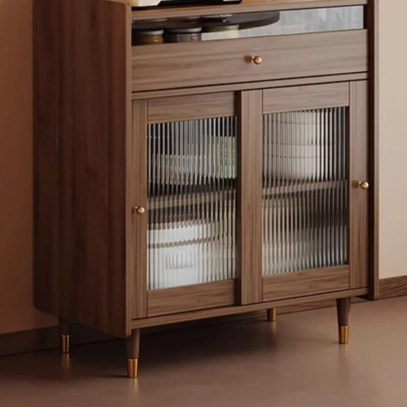 Modish Brown Wood Narrow Sideboard with Glass Doors Image - 12 | homeyfad