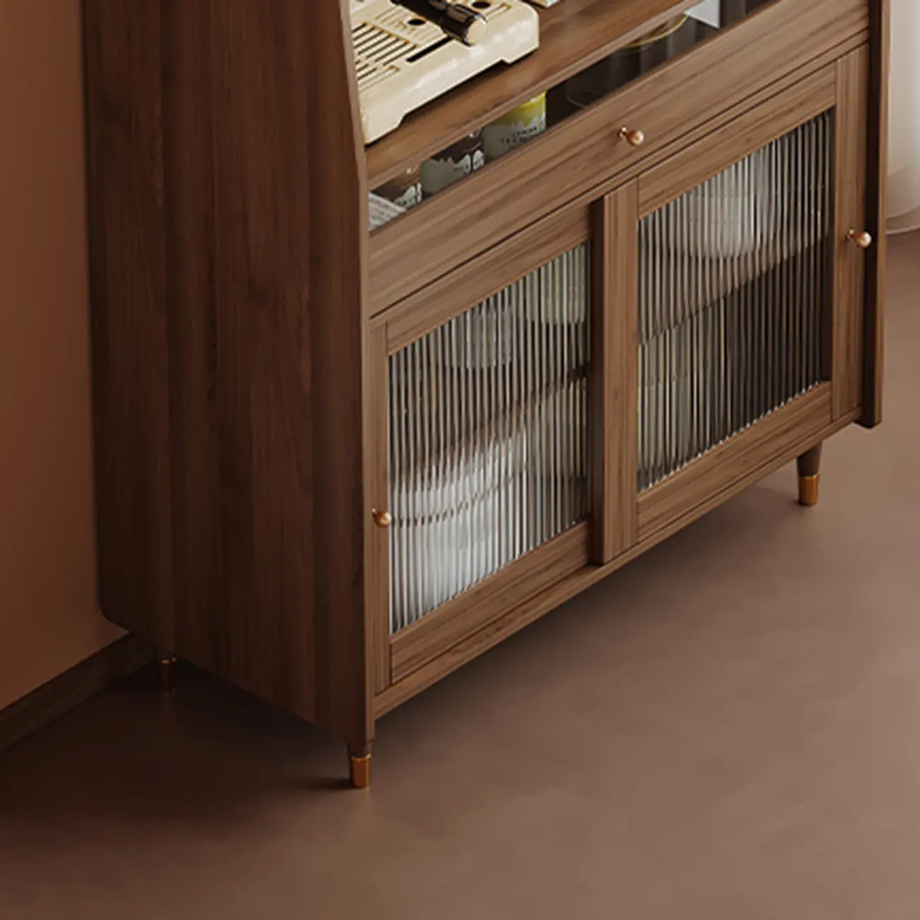 Modish Brown Wood Narrow Sideboard with Glass Doors Image - 6 | homeyfad