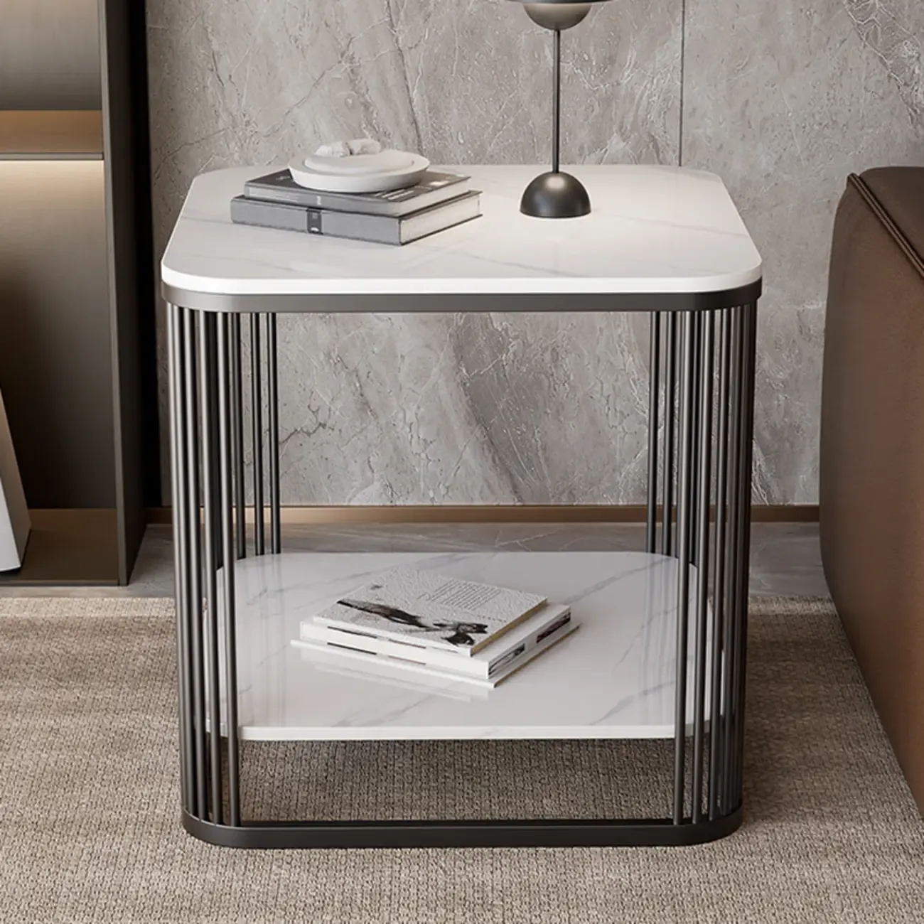 Sleek Square Stone Top Metal Frame Side Table in White/Black Image - 1