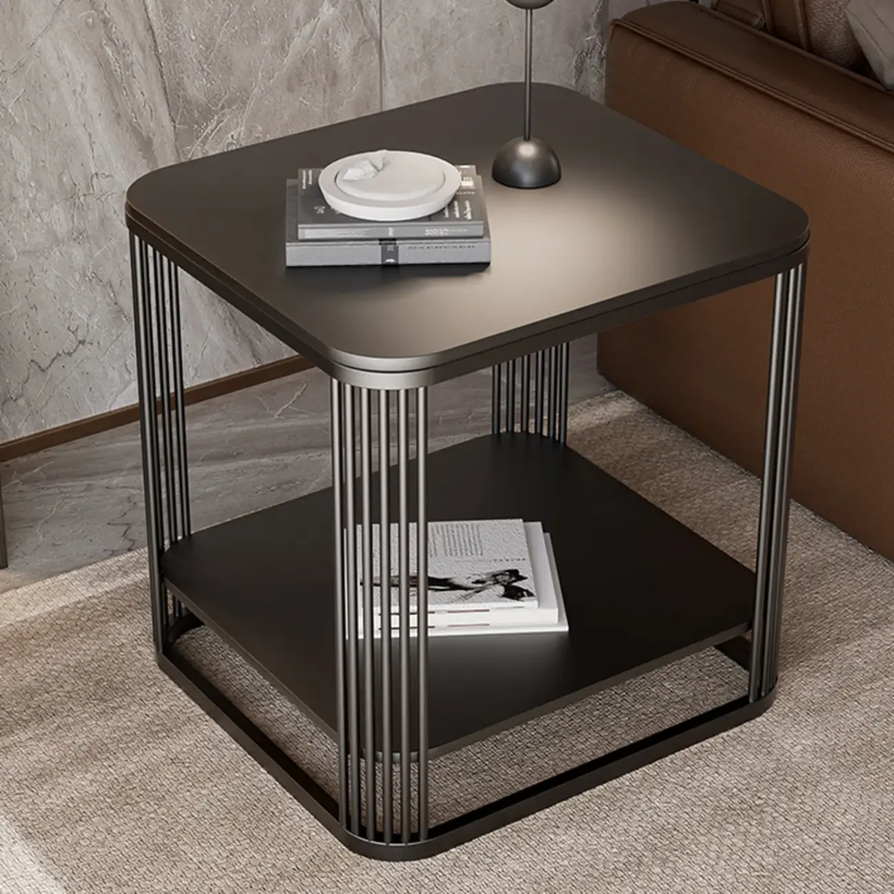Sleek Square Stone Top Metal Frame Side Table in White/Black Image - 3