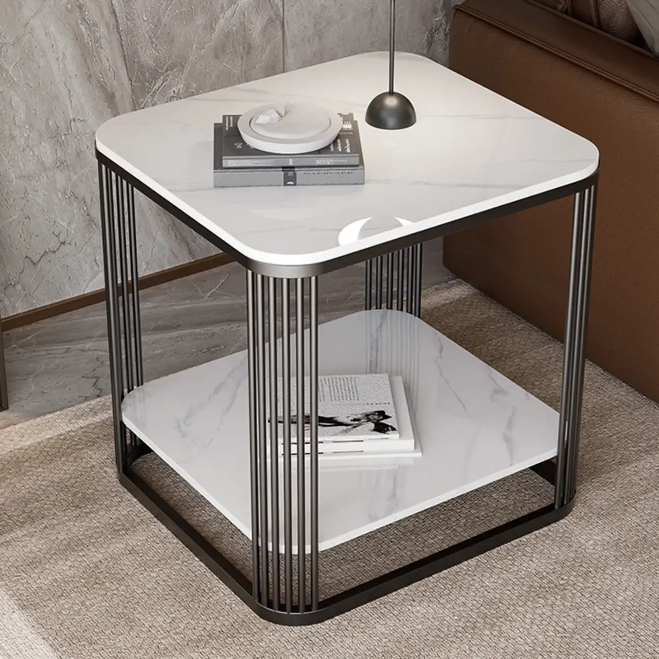 Sleek Square Stone Top Metal Frame Side Table in White/Black Image - 2