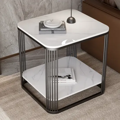 Sleek Square Stone Top Metal Frame Side Table in White/Black Image - 2