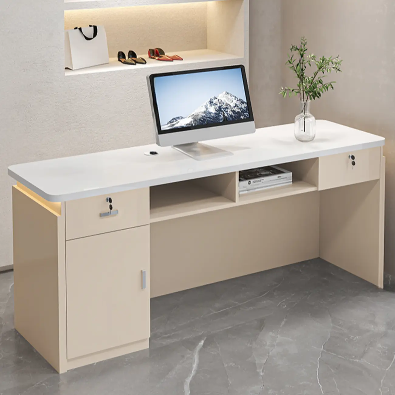 Sleek Rectangular Wood Reception Desk with Lockable Drawers Image - 2 | homeyfad