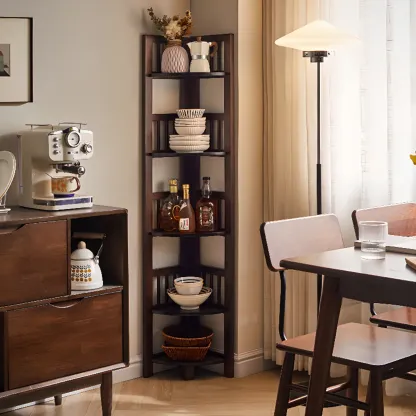 Freestanding Narrow Brown Wood Open Back Corner Bookcase Image - 1