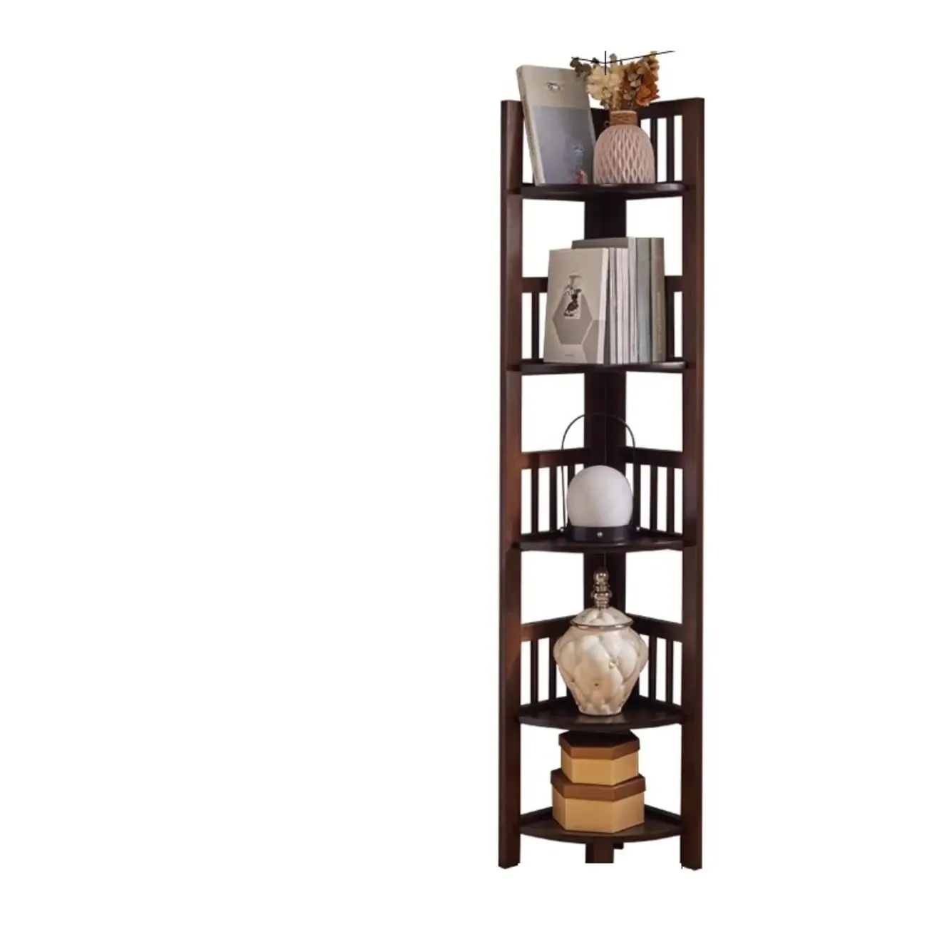 Freestanding Narrow Brown Wood Open Back Corner Bookcase Image - 9