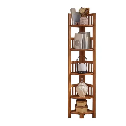 Freestanding Narrow Brown Wood Open Back Corner Bookcase Image - 10
