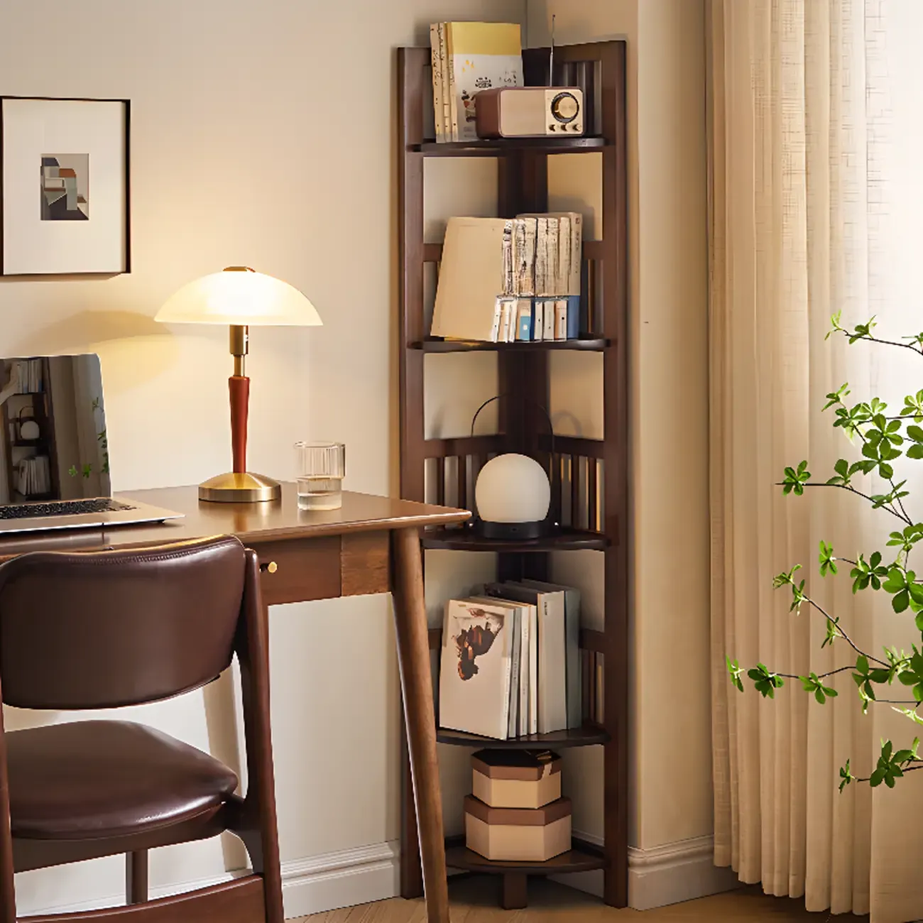 Freestanding Narrow Brown Wood Open Back Corner Bookcase Image - 2