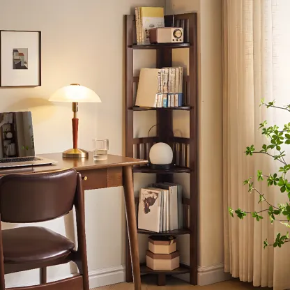 Freestanding Narrow Brown Wood Open Back Corner Bookcase Image - 2