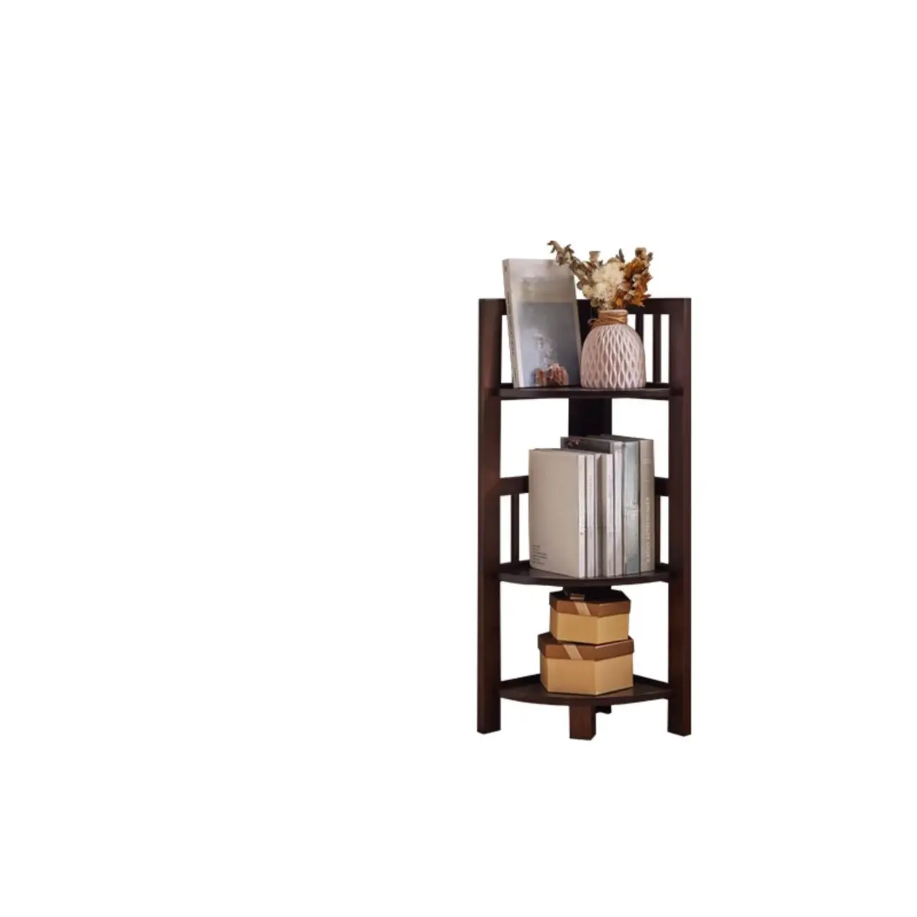 Freestanding Narrow Brown Wood Open Back Corner Bookcase Image - 7 | homeyfad