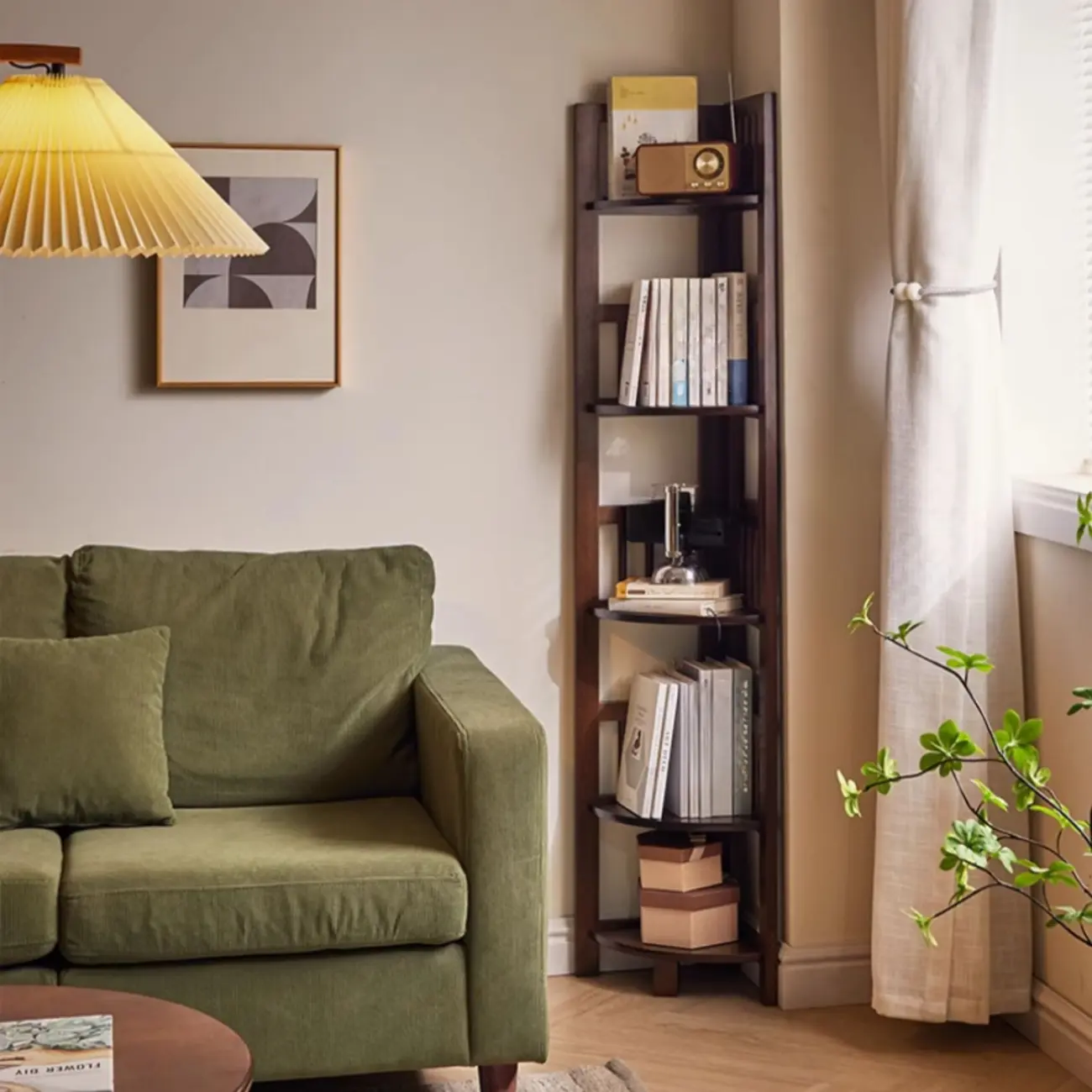 Freestanding Narrow Brown Wood Open Back Corner Bookcase Image - 3 | homeyfad