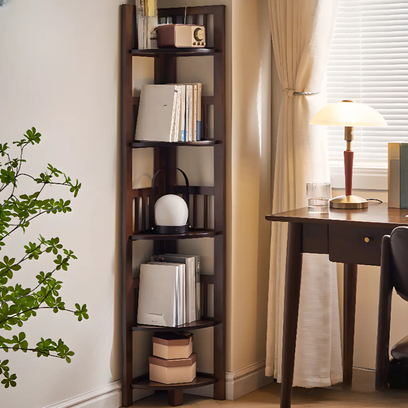 Freestanding Narrow Brown Wood Open Back Corner Bookcase Image - 5 | homeyfad