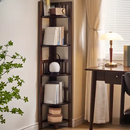 Freestanding Narrow Brown Wood Open Back Corner Bookcase Image - 5