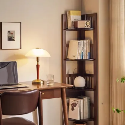 Freestanding Narrow Brown Wood Open Back Corner Bookcase Image - 4