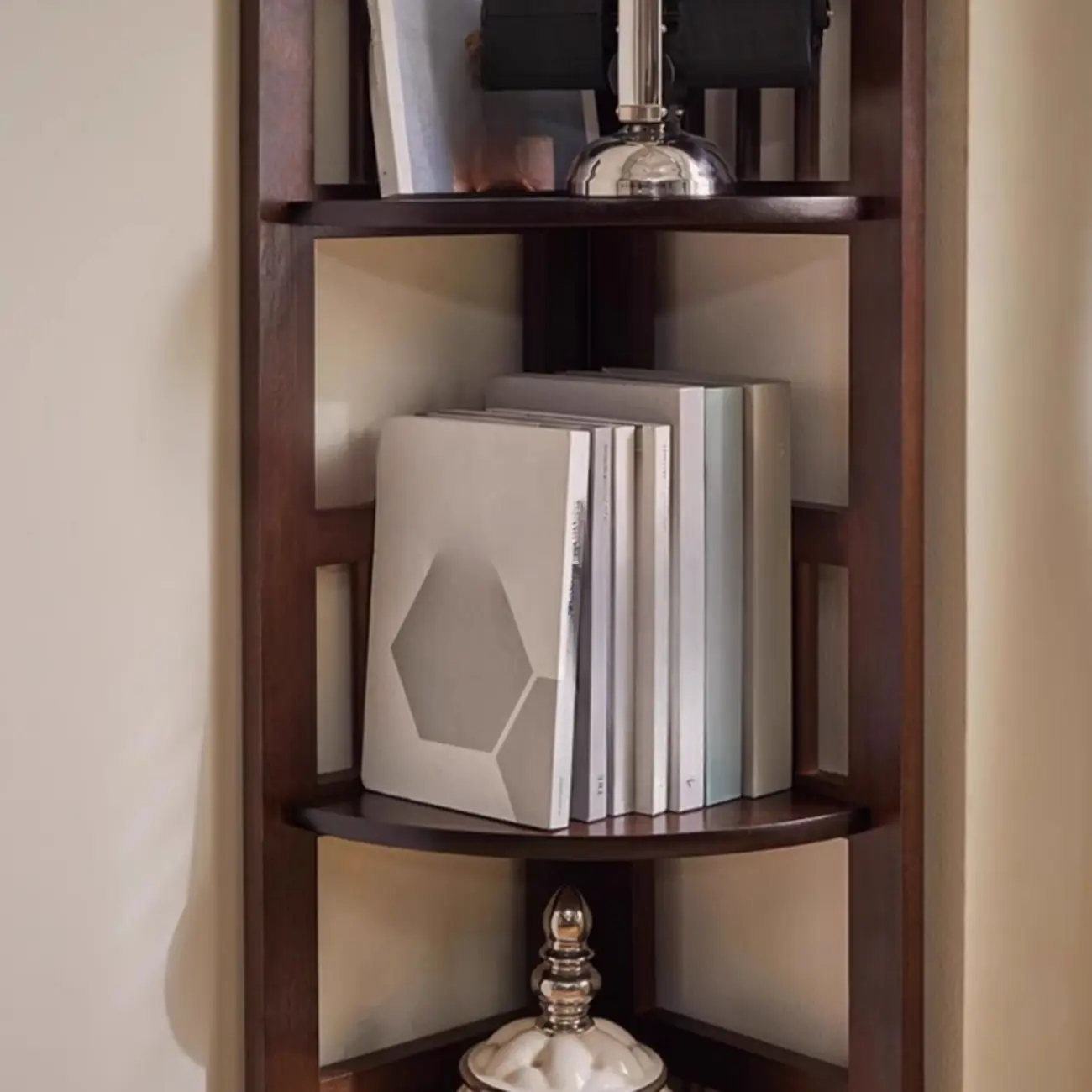 Freestanding Narrow Brown Wood Open Back Corner Bookcase Image - 13 | homeyfad