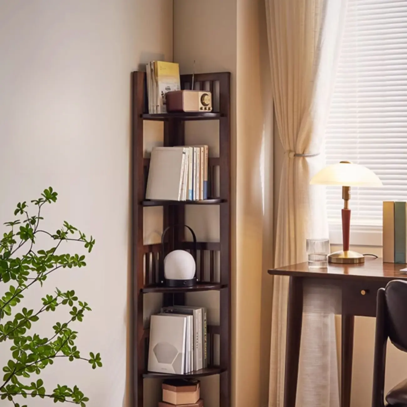 Freestanding Narrow Brown Wood Open Back Corner Bookcase Image - 6 | homeyfad