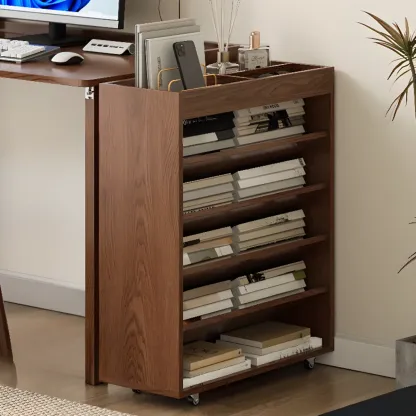 Mobile 5-Shelf Nut-Brown Wood Vertical Bookcase Image - 1